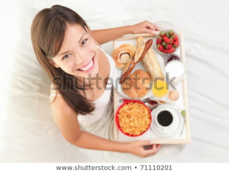 Zdjęcia stock: Woman Having Breakfast In Bed Healthy Continental Breakfast Ca