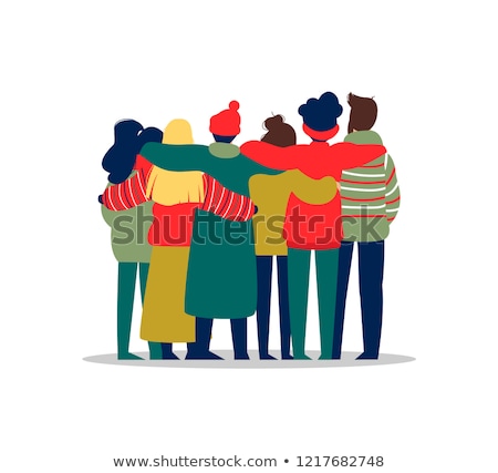 Stok fotoğraf: People Friend Group Hug In Winter Holiday Clothes