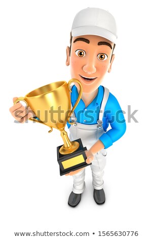 3d Painter Standing With Gold Trophy Cup Zdjęcia stock © 3dmask