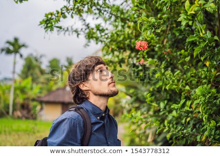 Foto stock: Young Man Tourist In Bali Walks Along The Narrow Cozy Streets Of Ubud Bali Is A Popular Tourist Des