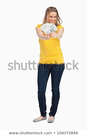 Сток-фото: Blonde Woman Smiling While Showing A Lot Of Dollars Against White Background