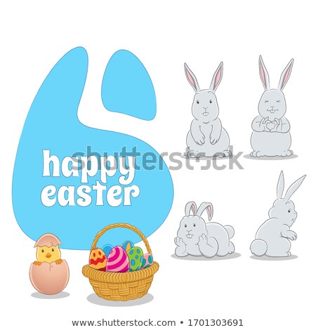 Stok fotoğraf: Blue Happy Easter Background With 4 Bunnies A Chick And Eggs Bas
