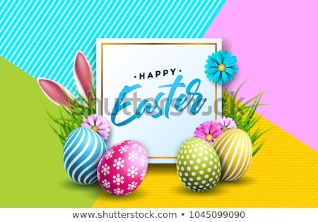 Stok fotoğraf: Vector Illustration Of Happy Easter Holiday With Painted And Spring Flower On Shiny Yellow Backgroun