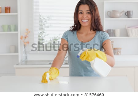 Zdjęcia stock: Beautiful Female Maid Doing The Housework While Using A Spray Washing Windows