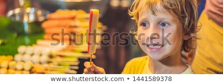 Stock fotó: Young Boy Tourist On Walking Street Asian Food Market Banner Long Format