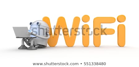 Foto stock: Robot With A Laptop Sitting By Leaning On The Wifi Sign 3d Illustration
