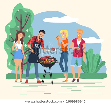 Stock photo: Friends Roasting Meat Bbq In Forest Park Weekends