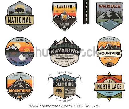 Foto stock: Vintage Camp Logo Mountain Badge Hand Drawn Travel Expedition Wanderlust Label Design Born To Wa