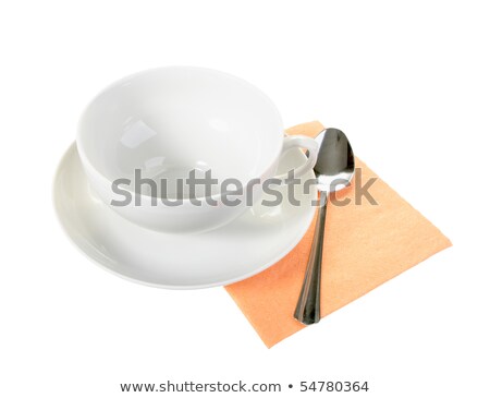 ストックフォト: White Empty Mug And Spoon On Orange Paper Napkin