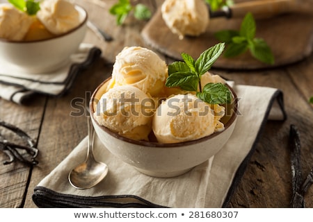 Foto d'archivio: Vanilla Ice Cream With Mint In Bowl