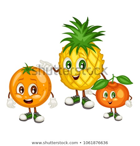Foto stock: Smiling Orange Fruit Cartoon Mascot Character Pointing To A 100 Percent Natural Sign