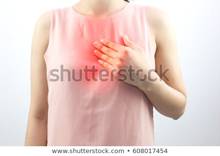 Foto d'archivio: Woman With Symptomatic Acid Reflux Or Heartburn Isolated On Whi