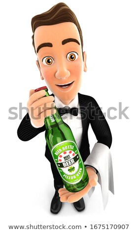 3d Waiter Holding Big Beer Bottle Zdjęcia stock © 3dmask