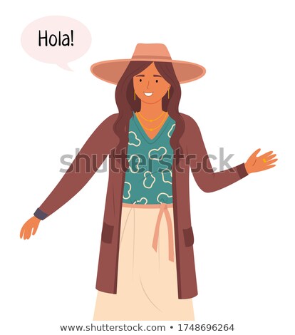 Foto stock: Cartoon Welcoming Woman With Speech Bubble