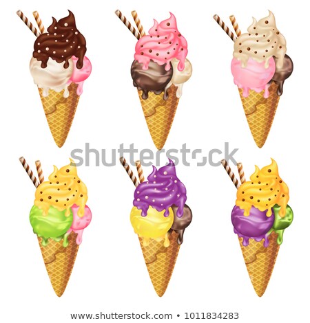 Stock photo: Set Ice Cream In Strawberry Waffle Horn Pistachio And Banana Ta