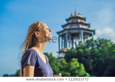 Foto stock: Young Woman Tourist In Buddhist Temple Kek Lok Si In Penang Malaysia Georgetown