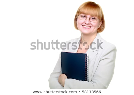 ストックフォト: Smiling Business Woman In Glasses Holding Folder Isolated On White Background