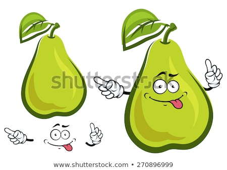 Stock photo: Smiling Green Pear Fruit With Leaf Cartoon Mascot Character Pointing To A Blank Sign