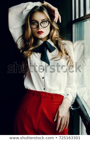 Foto stock: Waist Up Portrait Of Confident Stylish Lady In Fashion Blouse Pretty Brunette With Amazing Brown Ey