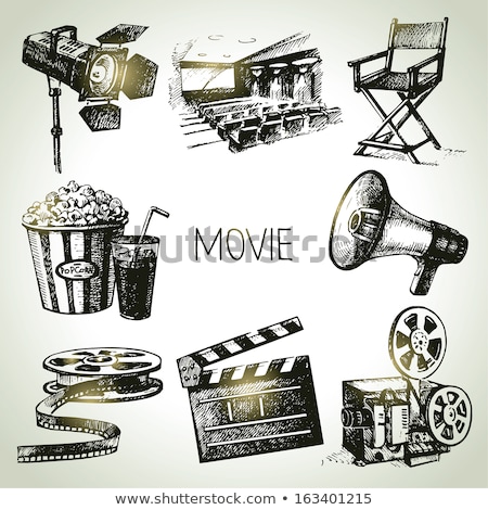 ストックフォト: Movie Camera With Popcorn And Clapper Board