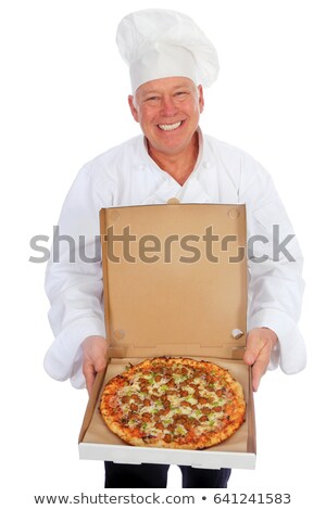 Stok fotoğraf: Man In A Chefs Outfit With A Pizza Box