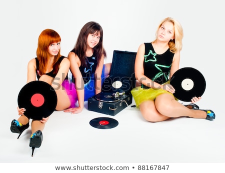 Stok fotoğraf: Three Pretty Girls With Gramophone