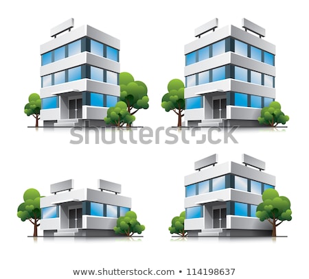 Foto stock: Four Cartoon Office Vector Buildings With Trees