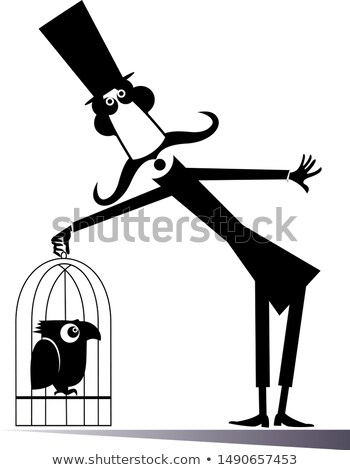 Zdjęcia stock: Mustache Man In The Top Hat Holds A Cage With A Bird Isolated Illustration
