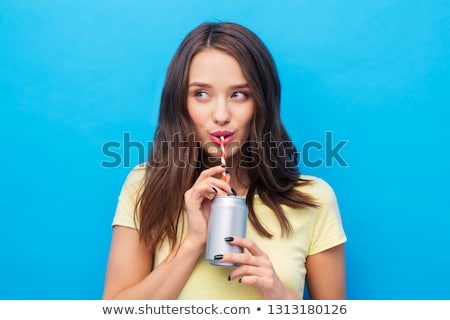 Stock photo: Woman Drinking Soda From Can With Paper Straw