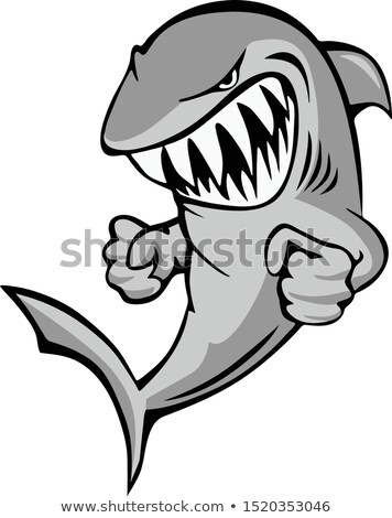 Foto d'archivio: Shark Jumping With Big Grin And Fists Cartoon Isolated Vector Illustration