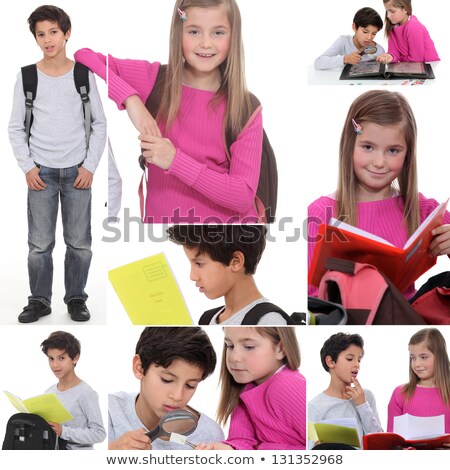 Stockfoto: Montage Of Little Boy And Girl With Rucksacks