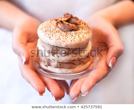 Stock fotó: Meringue Cake With A Walnut And Coffee Cream In Female Hands