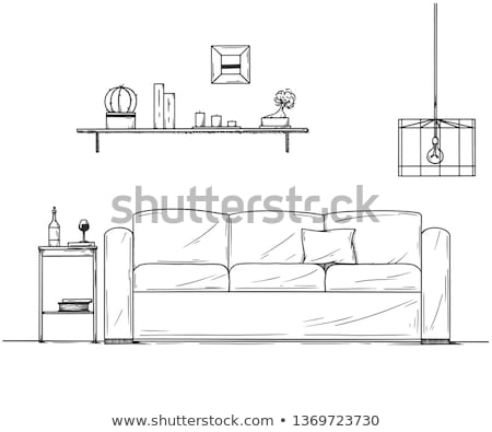 Stockfoto: Sketch Of The Interior A Table A Bedside Table A Shelf With Various Interior Items Can Be Used A