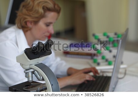 Stockfoto: Female Student With Laptop At Desk And Professor With Magnifier Vector Illustration