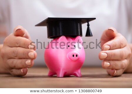 Foto stock: Woman Protecting Piggy Bank With Graduation Cap