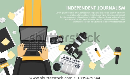 [[stock_photo]]: Independent Journalism Flat Banner Equipment For Journalist On Desk Flat Vector Illustration