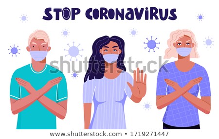 Stockfoto: Group Of People In Respiratory Masks Show Stop Gesture Stop Spreading Covid 19 World Pandemic