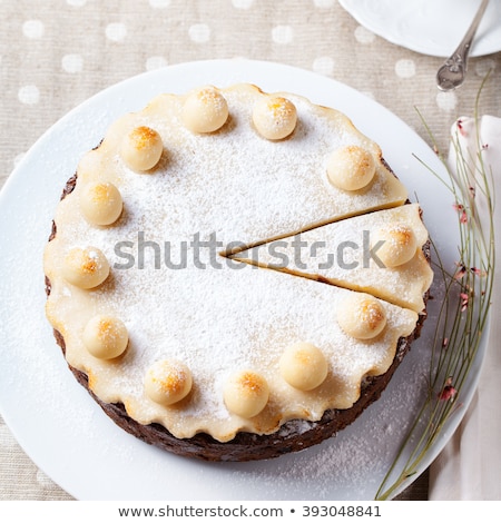 Stockfoto: Traditional English Easter Cake With Marzipan Decoration On A White Plate