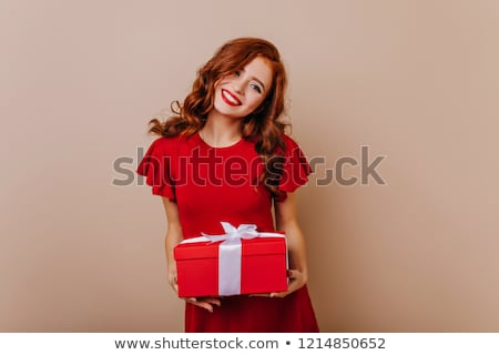 Stock fotó: Image Of European Woman With Curly Hair In Dress Smiling And Hol