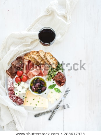 Foto stock: Wine Snack Set Glass Of Red And White Wine Grape Cheese Over