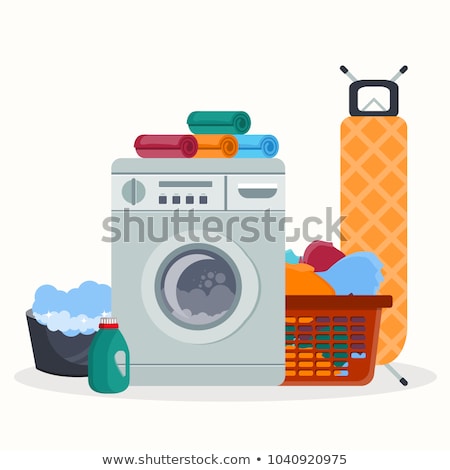 Foto d'archivio: Laundry Room Service Vector Illustration Flat Cartoon Working Washing Machine With Linen Basket Cl