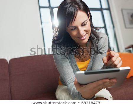 Foto stock: Beautiful Woman Communicate With Tablet Computer