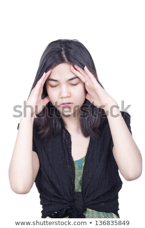 Stockfoto: Young Biracial Teen Girl Massaging Temple Face Stressed Or Havi