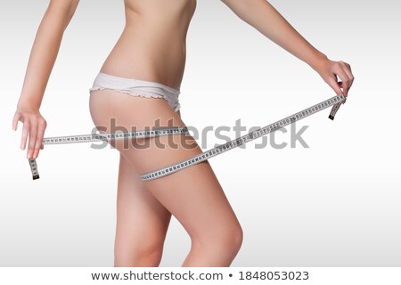 Сток-фото: Woman Measures Her Thigh White Background Copyspace