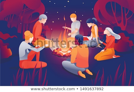 Stockfoto: People Relaxing Outdoor Men Near Bonfire Vector