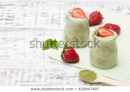 Сток-фото: Matcha Green Tea Chia Seed Pudding Dessert With Fresh Mint And Coconut Healthy Breakfast Top View C