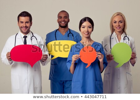 Foto stock: Young Caucasian Doctor With Speech Bubble