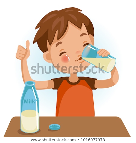 Stock fotó: Cute Happy Little Boy In White Shirt Hold Milk Bottle