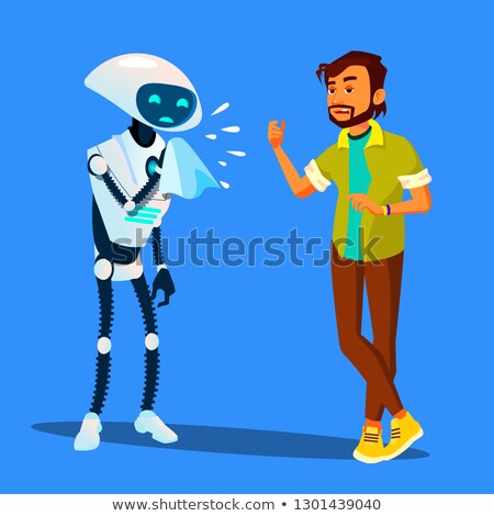 Foto d'archivio: Sick Robot Sneezes At Scared Man Vector Isolated Illustration