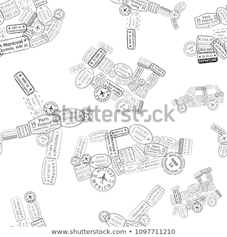 Stockfoto: A Lot Of Black Immigration Stamps Arranged In Car Plane Ship And Train Shape On White Seamless Pa
